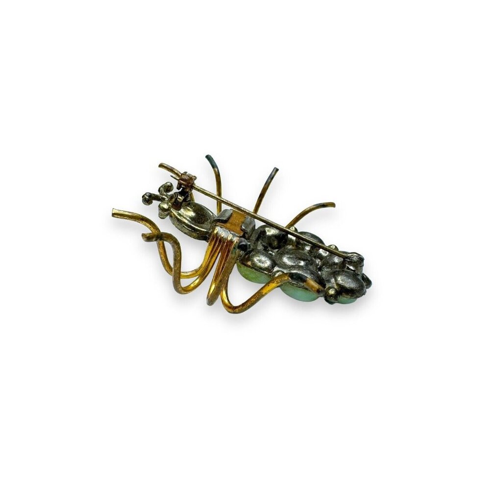 Art Nouveau Jadeite Brass Spider Brooch Green Crystal - Picture 9 of 16